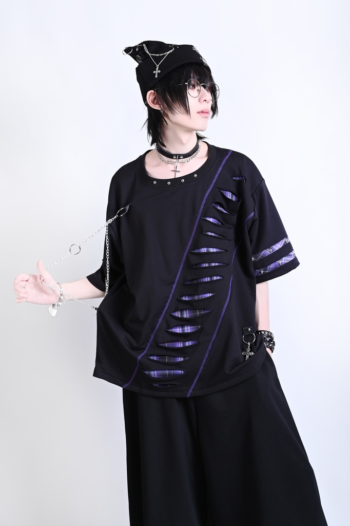 Jillpunk 王道パンク ロック ヘヴィメタル バンギャ 混乱シーケンス クロスチャーム チェーン付き チェック柄フェイクレイヤード 半袖カットソーTシャツ メンズ レディーズ おしゃれ男女兼用カッコいい ファッション