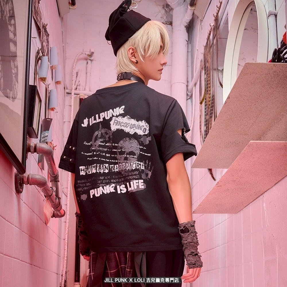 Jillpunk 王道パンク ロック ヘヴィメタル バンギャ 混乱シーケンス クロスチャーム チェーン付き チェック柄フェイクレイヤード 半袖カットソーTシャツ メンズ レディーズ おしゃれ男女兼用カッコいい ファッション
