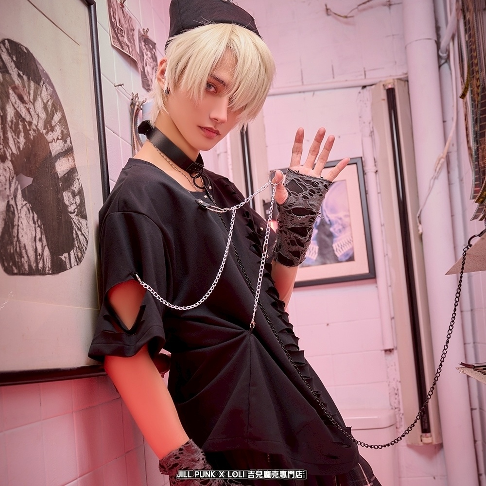 Jillpunk 王道パンク ロック ヘヴィメタル バンギャ 混乱シーケンス クロスチャーム チェーン付き チェック柄フェイクレイヤード 半袖カットソーTシャツ メンズ レディーズ おしゃれ男女兼用カッコいい ファッション
