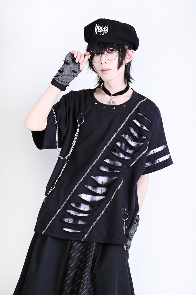 Jillpunk 王道パンク ロック ヘヴィメタル バンギャ 混乱シーケンス クロスチャーム チェーン付き チェック柄フェイクレイヤード 半袖カットソーTシャツ メンズ レディーズ おしゃれ男女兼用カッコいい ファッション