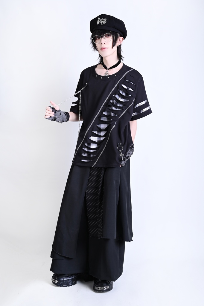 Jillpunk 王道パンク ロック ヘヴィメタル バンギャ 混乱シーケンス クロスチャーム チェーン付き チェック柄フェイクレイヤード 半袖カットソーTシャツ メンズ レディーズ おしゃれ男女兼用カッコいい ファッション