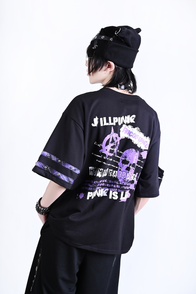 Jillpunk 王道パンク ロック ヘヴィメタル バンギャ 混乱シーケンス クロスチャーム チェーン付き チェック柄フェイクレイヤード 半袖カットソーTシャツ メンズ レディーズ おしゃれ男女兼用カッコいい ファッション