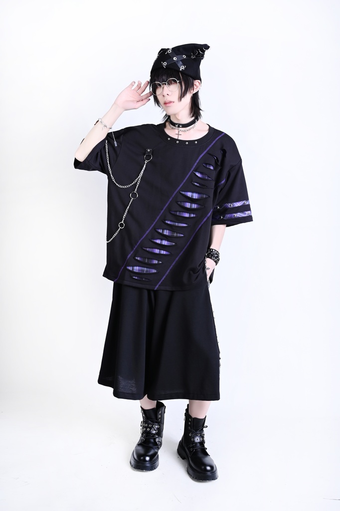 Jillpunk 王道パンク ロック ヘヴィメタル バンギャ 混乱シーケンス クロスチャーム チェーン付き チェック柄フェイクレイヤード 半袖カットソーTシャツ メンズ レディーズ おしゃれ男女兼用カッコいい ファッション