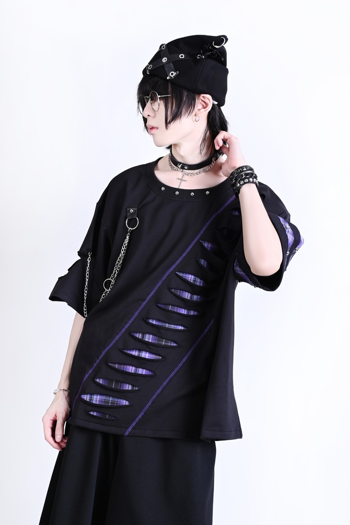 Jillpunk 王道パンク ロック ヘヴィメタル バンギャ 混乱シーケンス クロスチャーム チェーン付き チェック柄フェイクレイヤード 半袖カットソーTシャツ メンズ レディーズ おしゃれ男女兼用カッコいい ファッション