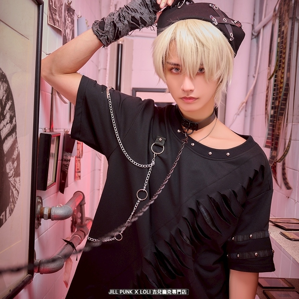 Jillpunk 王道パンク ロック ヘヴィメタル バンギャ 混乱シーケンス クロスチャーム チェーン付き チェック柄フェイクレイヤード 半袖カットソーTシャツ メンズ レディーズ おしゃれ男女兼用カッコいい ファッション