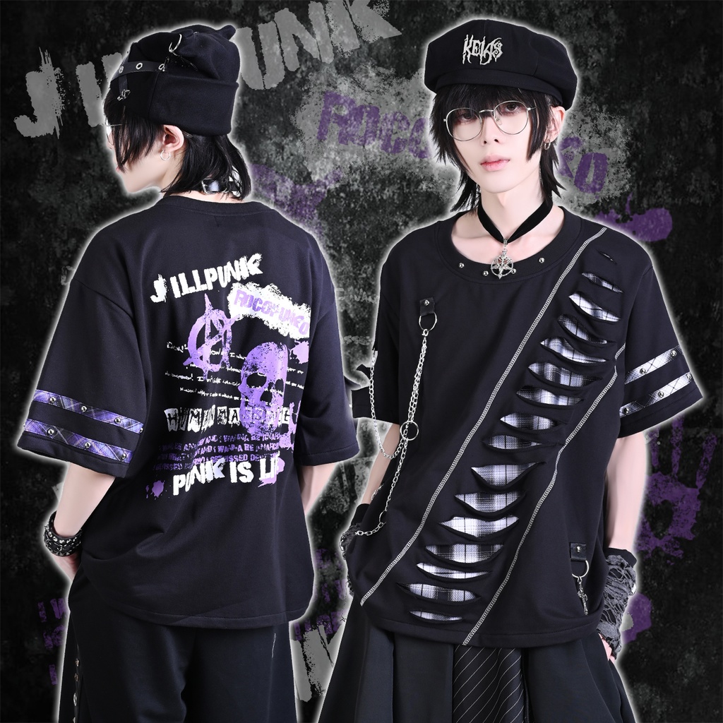 Jillpunk 王道パンク ロック ヘヴィメタル バンギャ 混乱シーケンス クロスチャーム チェーン付き チェック柄フェイクレイヤード 半袖カットソーTシャツ メンズ レディーズ おしゃれ男女兼用カッコいい ファッション