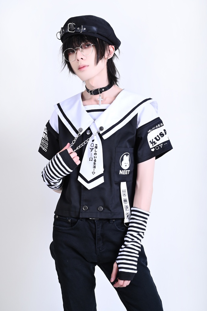 Jillpunk可愛い お宅界隈 アニメ ニ次コン 推しうさぎ NEET 自宅警備員 刺繍入りネクタイ付き ダブルブレスト 半袖 セーラー服 JK制服トップ オリジナル メンズ レディーズ おしゃれ 男女兼用 ファッション 秋葉系