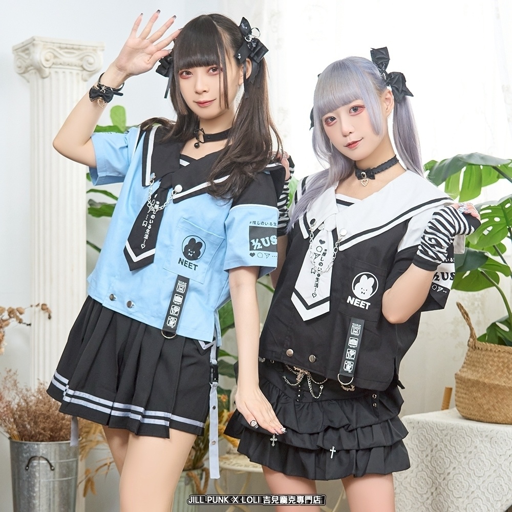 Jillpunk可愛い お宅界隈 アニメ ニ次コン 推しうさぎ NEET 自宅警備員 刺繍入りネクタイ付き ダブルブレスト 半袖 セーラー服 JK制服トップ オリジナル メンズ レディーズ おしゃれ 男女兼用 ファッション 秋葉系