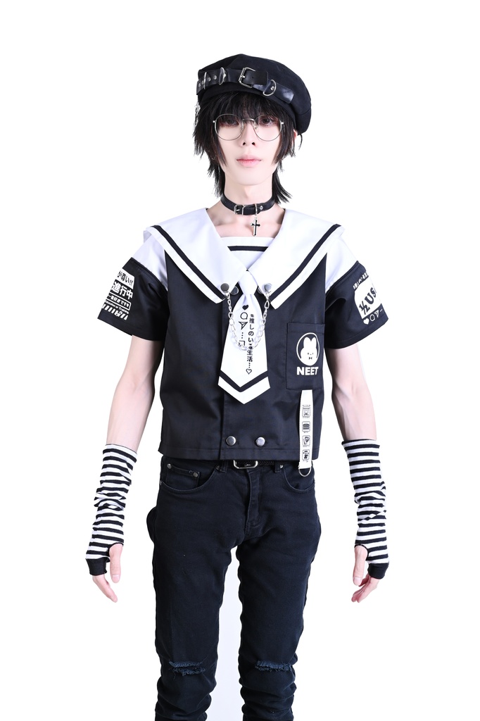 Jillpunk可愛い お宅界隈 アニメ ニ次コン 推しうさぎ NEET 自宅警備員 刺繍入りネクタイ付き ダブルブレスト 半袖 セーラー服 JK制服トップ オリジナル メンズ レディーズ おしゃれ 男女兼用 ファッション 秋葉系