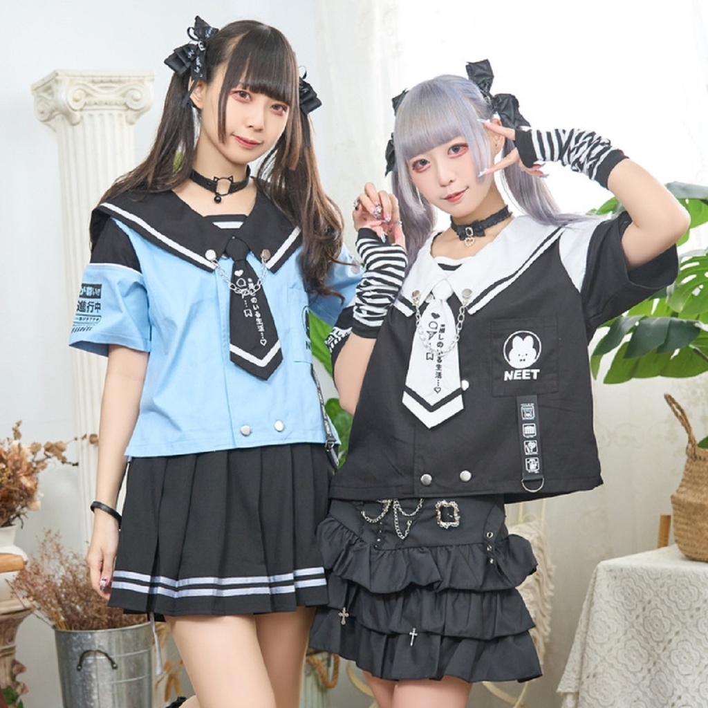 Jillpunk可愛い お宅界隈 アニメ ニ次コン 推しうさぎ NEET 自宅警備員 刺繍入りネクタイ付き ダブルブレスト 半袖 セーラー服 JK制服トップ オリジナル メンズ レディーズ おしゃれ 男女兼用 ファッション 秋葉系