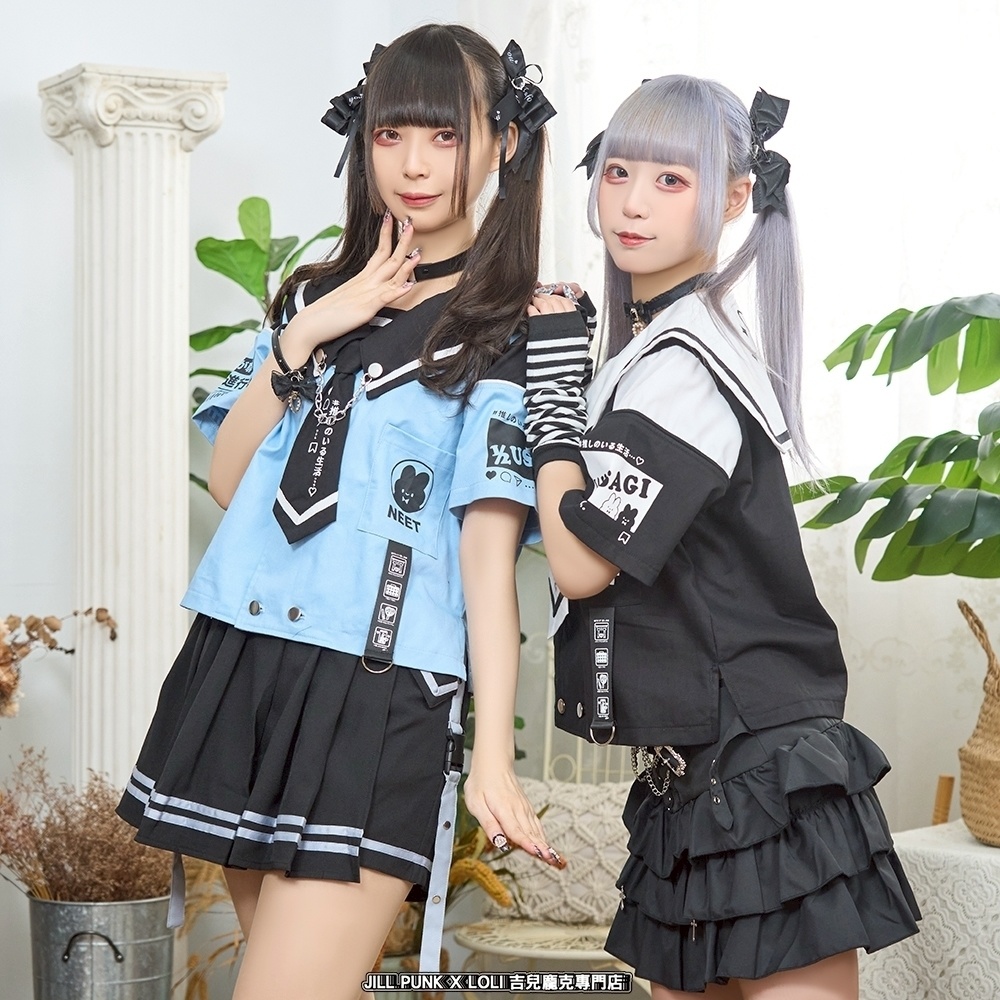 Jillpunk可愛い お宅界隈 アニメ ニ次コン 推しうさぎ NEET 自宅警備員 刺繍入りネクタイ付き ダブルブレスト 半袖 セーラー服 JK制服トップ オリジナル メンズ レディーズ おしゃれ 男女兼用 ファッション 秋葉系