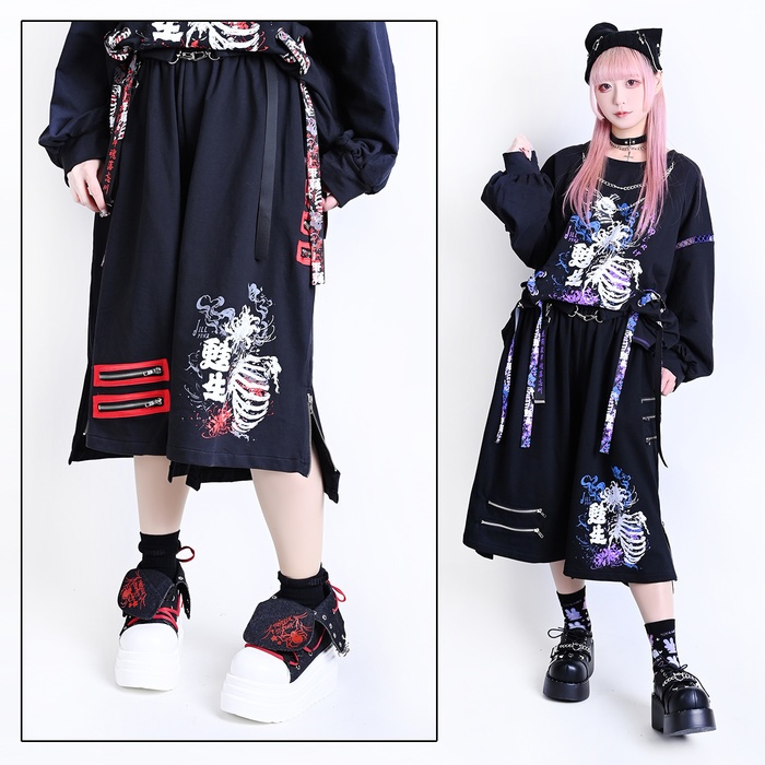 Jillpunk和風モード 甦生彼岸花 浪人侍 ドレープ袴 ゆるい カプリ ファスナー付き ワイド 七分丈バギー 剣道パンツ プリーツロング丈ズボン オリジナルパンク メンズ レディース V系 秋葉系 おしゃれ ストリート