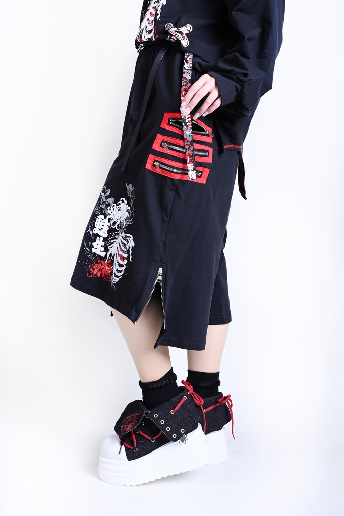 Jillpunk和風モード 甦生彼岸花 浪人侍 ドレープ袴 ゆるい カプリ ファスナー付き ワイド 七分丈バギー 剣道パンツ プリーツロング丈ズボン オリジナルパンク メンズ レディース V系 秋葉系 おしゃれ ストリート