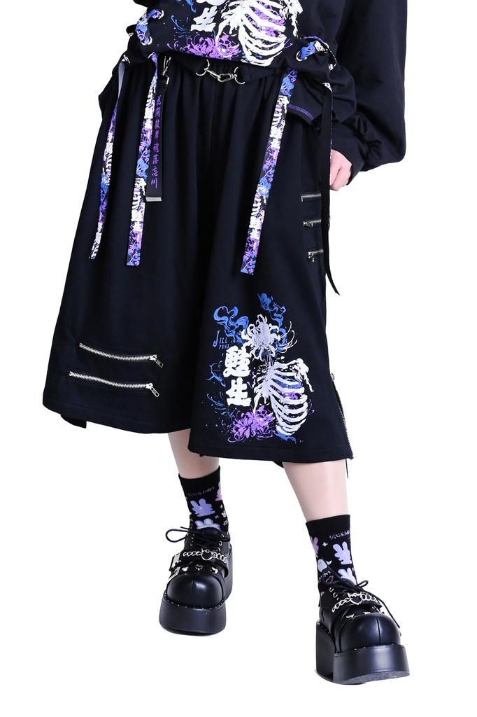 Jillpunk和風モード 甦生彼岸花 浪人侍 ドレープ袴 ゆるい カプリ ファスナー付き ワイド 七分丈バギー 剣道パンツ プリーツロング丈ズボン オリジナルパンク メンズ レディース V系 秋葉系 おしゃれ ストリート