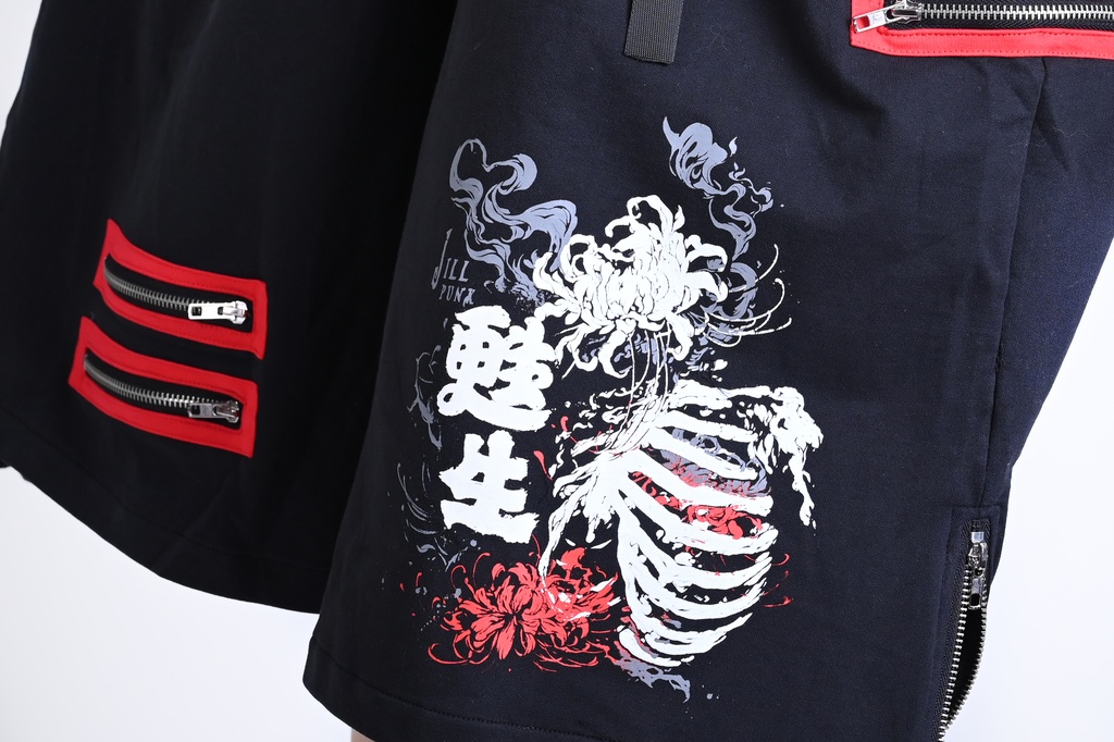 Jillpunk和風モード 甦生彼岸花 浪人侍 ドレープ袴 ゆるい カプリ ファスナー付き ワイド 七分丈バギー 剣道パンツ プリーツロング丈ズボン オリジナルパンク メンズ レディース V系 秋葉系 おしゃれ ストリート