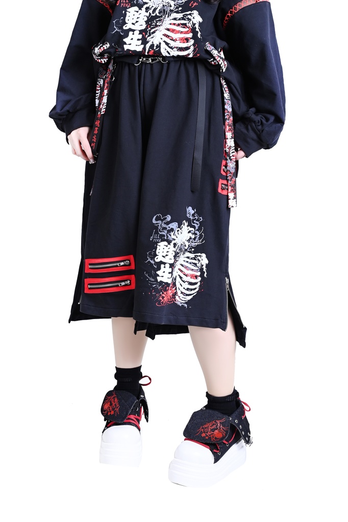 Jillpunk和風モード 甦生彼岸花 浪人侍 ドレープ袴 ゆるい カプリ ファスナー付き ワイド 七分丈バギー 剣道パンツ プリーツロング丈ズボン オリジナルパンク メンズ レディース V系 秋葉系 おしゃれ ストリート