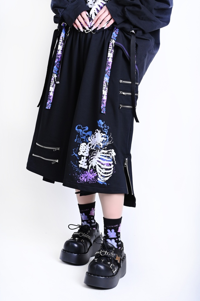 Jillpunk和風モード 甦生彼岸花 浪人侍 ドレープ袴 ゆるい カプリ ファスナー付き ワイド 七分丈バギー 剣道パンツ プリーツロング丈ズボン オリジナルパンク メンズ レディース V系 秋葉系 おしゃれ ストリート