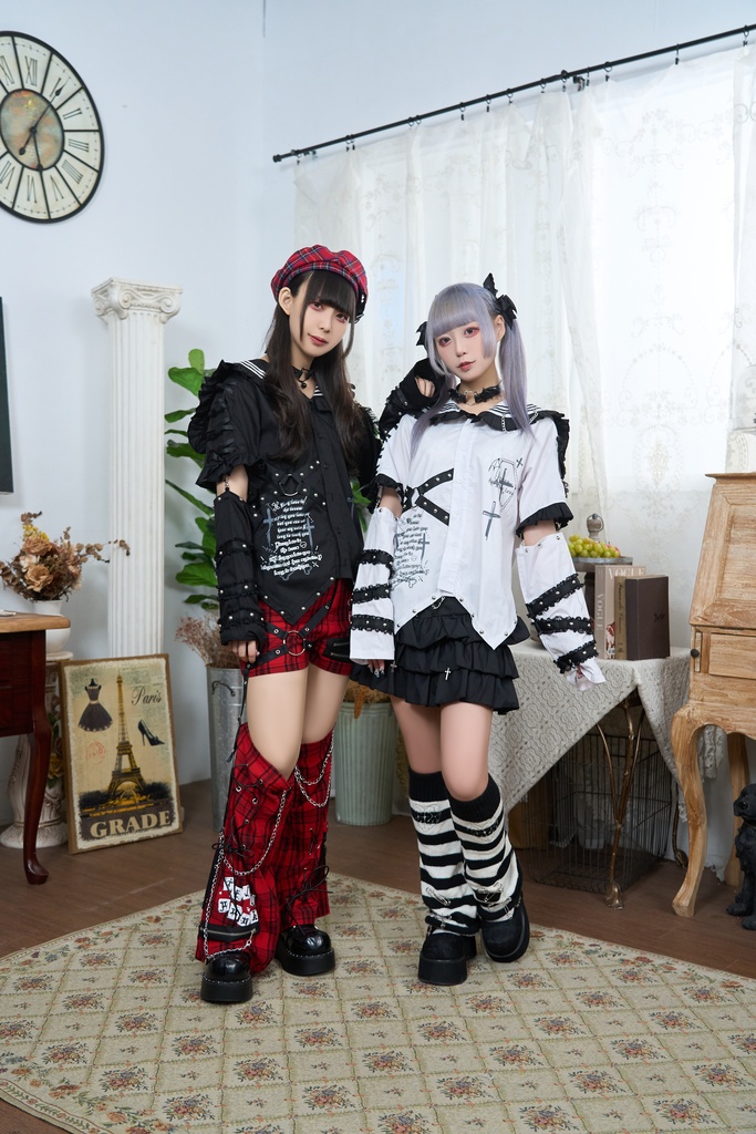 Jillpunk プレッピー 原宿パンク 和洋折衷 見習い悪魔 ハートワッペン付き フリル&スタッズ セーラー服半袖 タキシードシャツ アームカバーセット オリジナルパンク メンズ レディース V系 和洋ミックス カッコいい おしゃれ