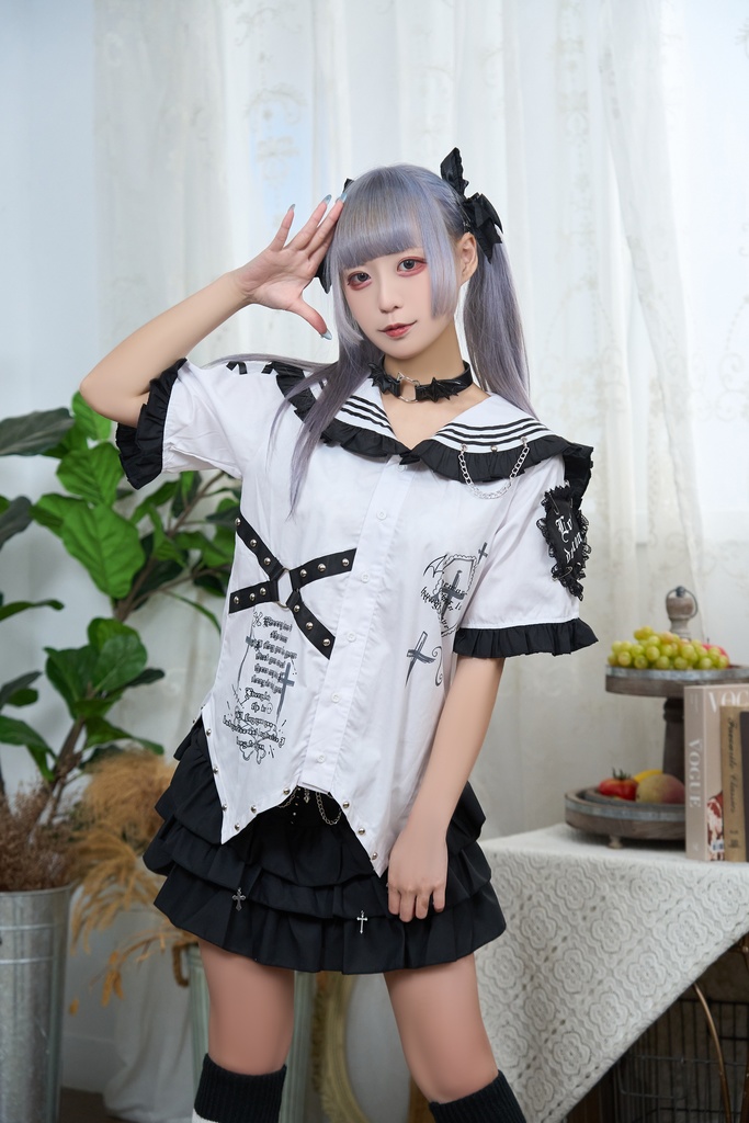 Jillpunk プレッピー 原宿パンク 和洋折衷 見習い悪魔 ハートワッペン付き フリル&スタッズ セーラー服半袖 タキシードシャツ アームカバーセット オリジナルパンク メンズ レディース V系 和洋ミックス カッコいい おしゃれ