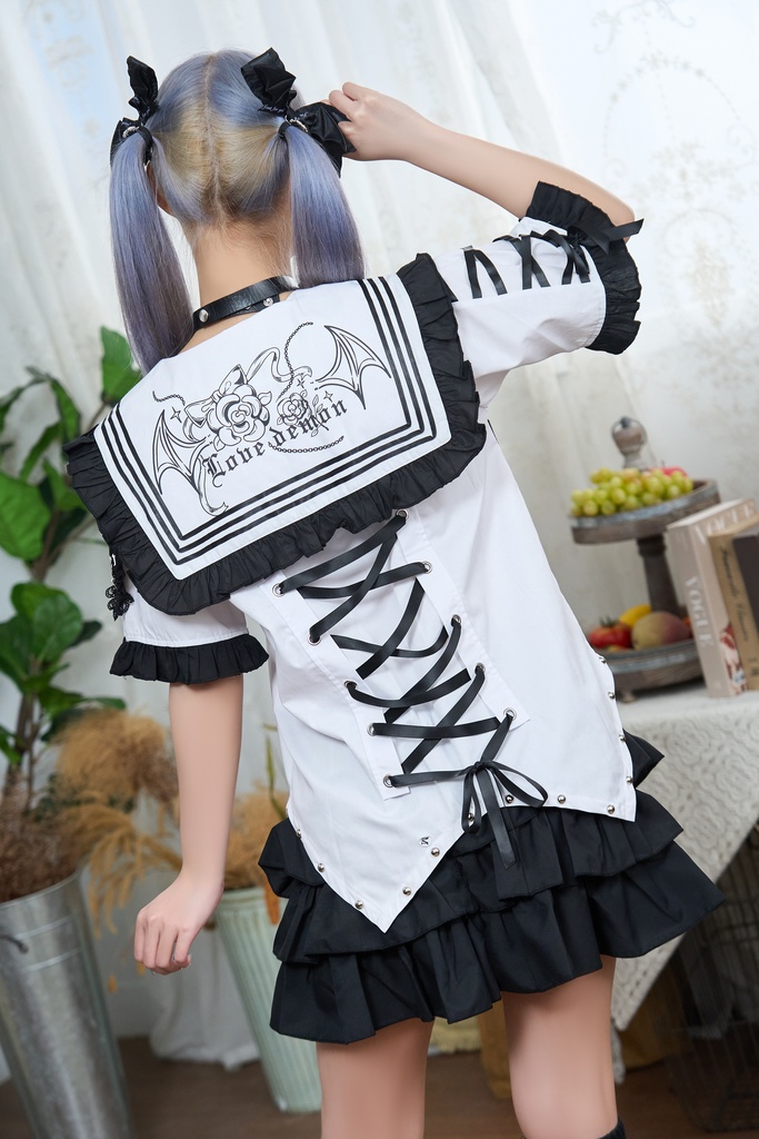 Jillpunk プレッピー 原宿パンク 和洋折衷 見習い悪魔 ハートワッペン付き フリル&スタッズ セーラー服半袖 タキシードシャツ アームカバーセット オリジナルパンク メンズ レディース V系 和洋ミックス カッコいい おしゃれ