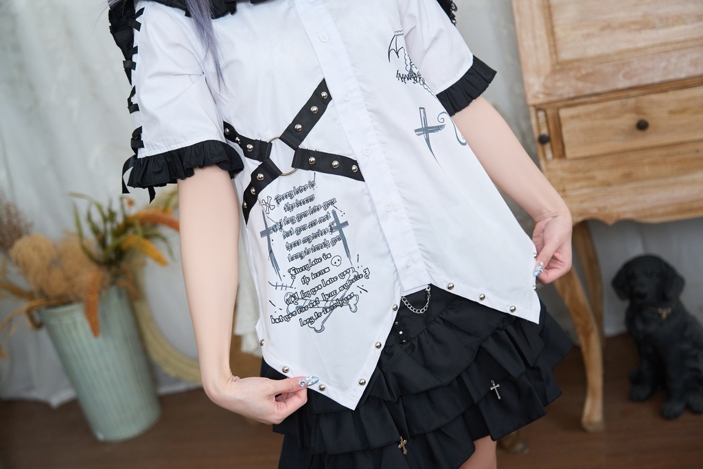 Jillpunk プレッピー 原宿パンク 和洋折衷 見習い悪魔 ハートワッペン付き フリル&スタッズ セーラー服半袖 タキシードシャツ アームカバーセット オリジナルパンク メンズ レディース V系 和洋ミックス カッコいい おしゃれ