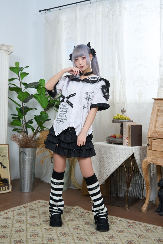 Jillpunk プレッピー 原宿パンク 和洋折衷 見習い悪魔 ハートワッペン付き フリル&スタッズ セーラー服半袖 タキシードシャツ アームカバーセット オリジナルパンク メンズ レディース V系 和洋ミックス カッコいい おしゃれ