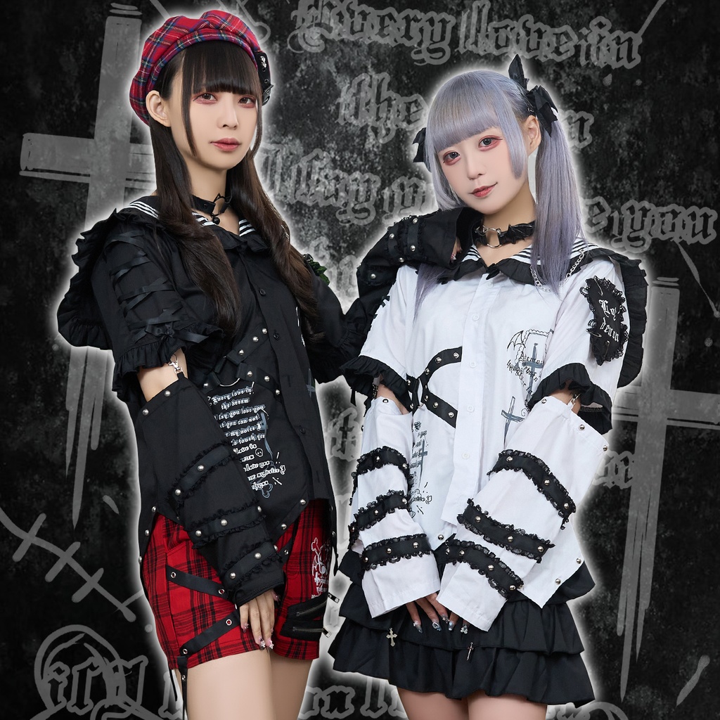 Jillpunk プレッピー 原宿パンク 和洋折衷 見習い悪魔 ハートワッペン付き フリル&スタッズ セーラー服半袖 タキシードシャツ アームカバーセット オリジナルパンク メンズ レディース V系 和洋ミックス カッコいい おしゃれ