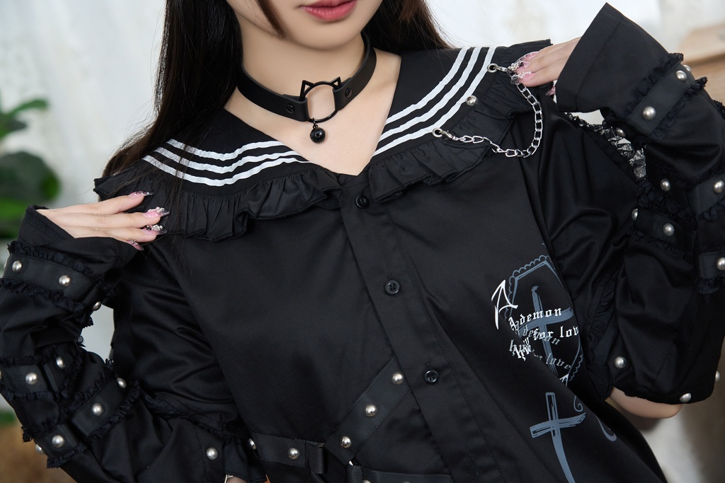 Jillpunk プレッピー 原宿パンク 和洋折衷 見習い悪魔 ハートワッペン付き フリル&スタッズ セーラー服半袖 タキシードシャツ アームカバーセット オリジナルパンク メンズ レディース V系 和洋ミックス カッコいい おしゃれ