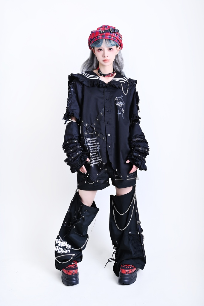 Jillpunk プレッピー 原宿パンク 和洋折衷 見習い悪魔 ハートワッペン付き フリル&スタッズ セーラー服半袖 タキシードシャツ アームカバーセット オリジナルパンク メンズ レディース V系 和洋ミックス カッコいい おしゃれ