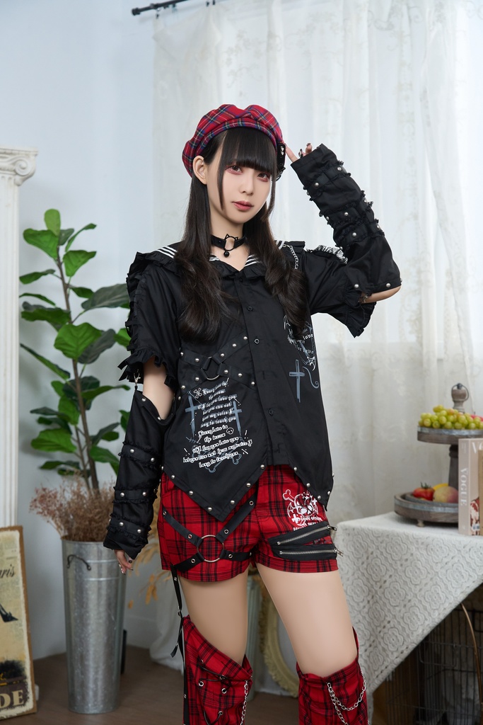 Jillpunk プレッピー 原宿パンク 和洋折衷 見習い悪魔 ハートワッペン付き フリル&スタッズ セーラー服半袖 タキシードシャツ アームカバーセット オリジナルパンク メンズ レディース V系 和洋ミックス カッコいい おしゃれ