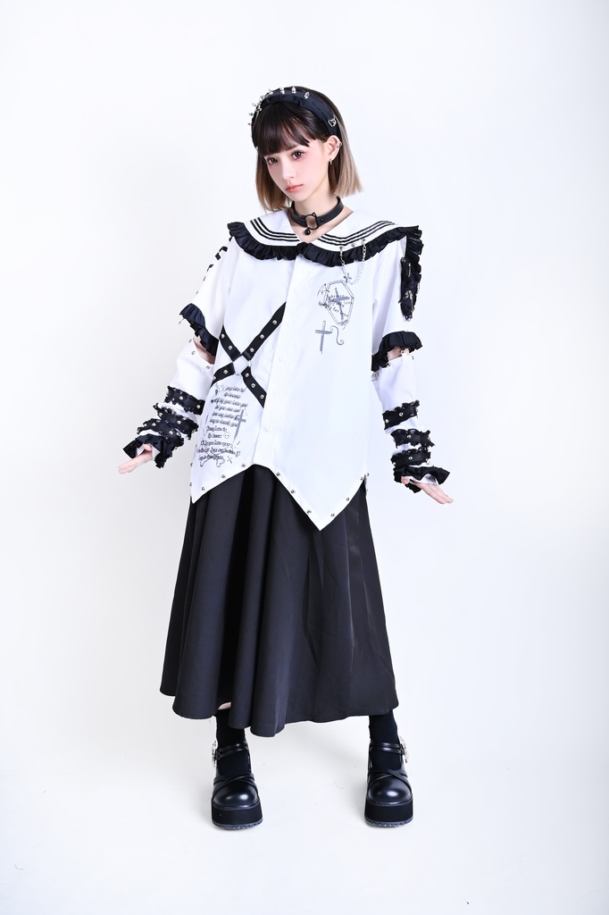 Jillpunk プレッピー 原宿パンク 和洋折衷 見習い悪魔 ハートワッペン付き フリル&スタッズ セーラー服半袖 タキシードシャツ アームカバーセット オリジナルパンク メンズ レディース V系 和洋ミックス カッコいい おしゃれ