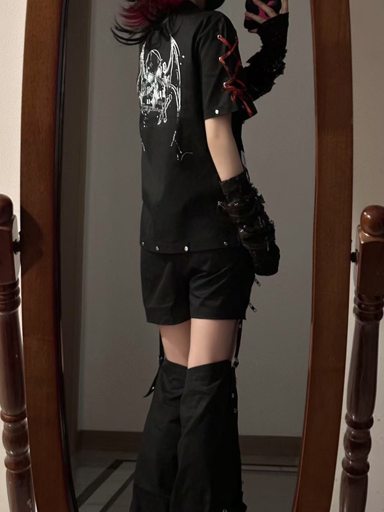 Jillpunk プレッピー V系 パンクロック 悪念の残響 レースアップ×スタッズ チェック柄ネクタイ付き 半袖カジュアルシャツ ジップアップジャケット オリジナルパンク 男女兼用 メンズ レディース カッコいい おしゃれ