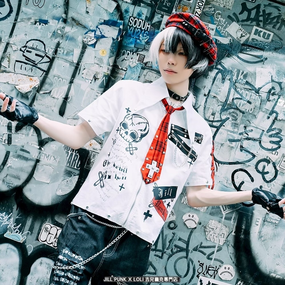 Jillpunk プレッピー V系 パンクロック 悪念の残響 レースアップ×スタッズ チェック柄ネクタイ付き 半袖カジュアルシャツ ジップアップジャケット オリジナルパンク 男女兼用 メンズ レディース カッコいい おしゃれ