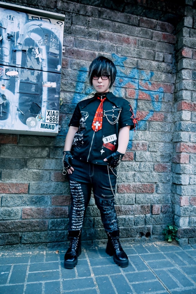 Jillpunk プレッピー V系 パンクロック 悪念の残響 レースアップ×スタッズ チェック柄ネクタイ付き 半袖カジュアルシャツ ジップアップジャケット オリジナルパンク 男女兼用 メンズ レディース カッコいい おしゃれ