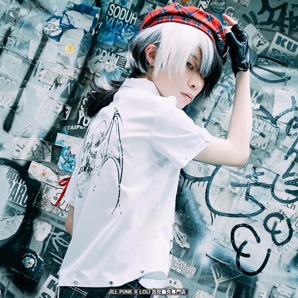 Jillpunk プレッピー V系 パンクロック 悪念の残響 レースアップ×スタッズ チェック柄ネクタイ付き 半袖カジュアルシャツ ジップアップジャケット オリジナルパンク 男女兼用 メンズ レディース カッコいい おしゃれ