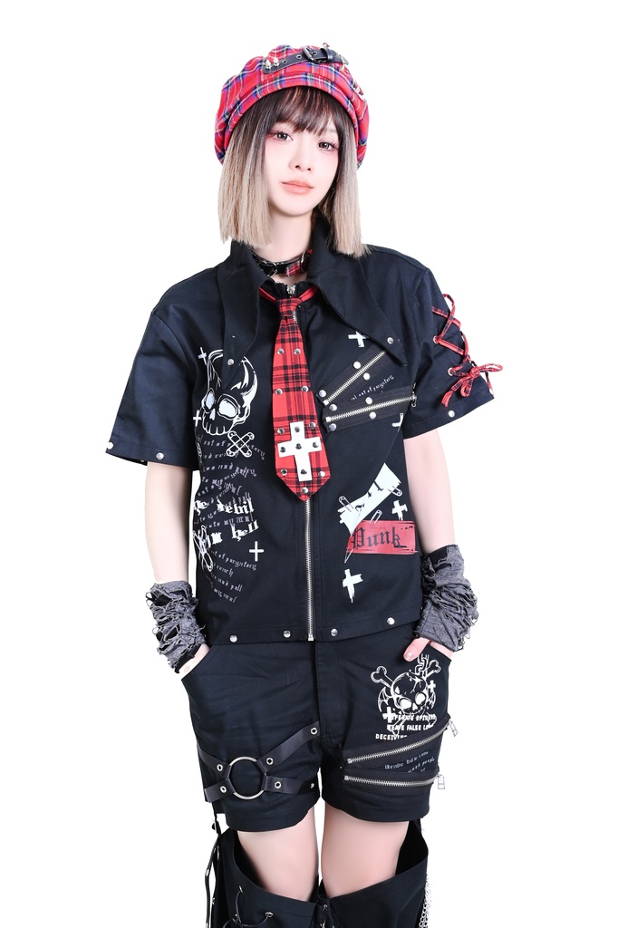 Jillpunk プレッピー V系 パンクロック 悪念の残響 レースアップ×スタッズ チェック柄ネクタイ付き 半袖カジュアルシャツ ジップアップジャケット オリジナルパンク 男女兼用 メンズ レディース カッコいい おしゃれ