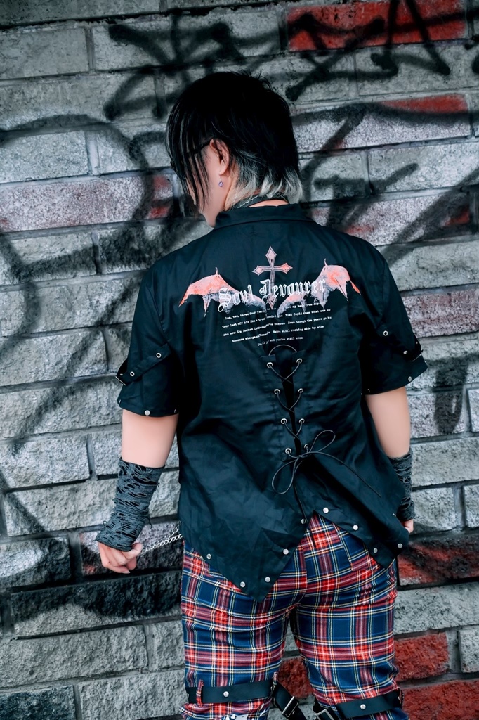 Jillpunk プレッピー V系 パンクロック 悪念の残響 レースアップ×スタッズ チェック柄ネクタイ付き 半袖カジュアルシャツ ジップアップジャケット オリジナルパンク 男女兼用 メンズ レディース カッコいい おしゃれ