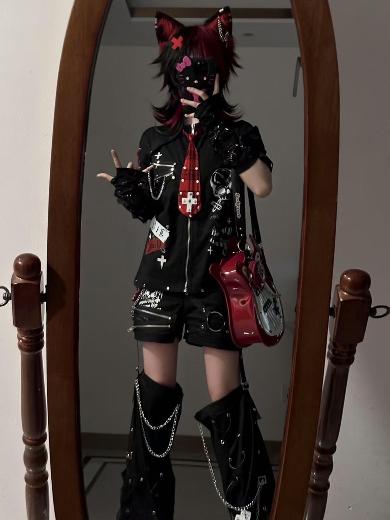 Jillpunk プレッピー V系 パンクロック 悪念の残響 レースアップ×スタッズ チェック柄ネクタイ付き 半袖カジュアルシャツ ジップアップジャケット オリジナルパンク 男女兼用 メンズ レディース カッコいい おしゃれ