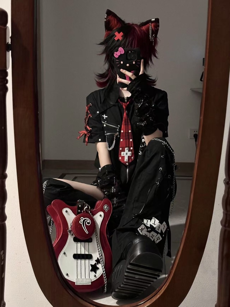 Jillpunk プレッピー V系 パンクロック 悪念の残響 レースアップ×スタッズ チェック柄ネクタイ付き 半袖カジュアルシャツ ジップアップジャケット オリジナルパンク 男女兼用 メンズ レディース カッコいい おしゃれ