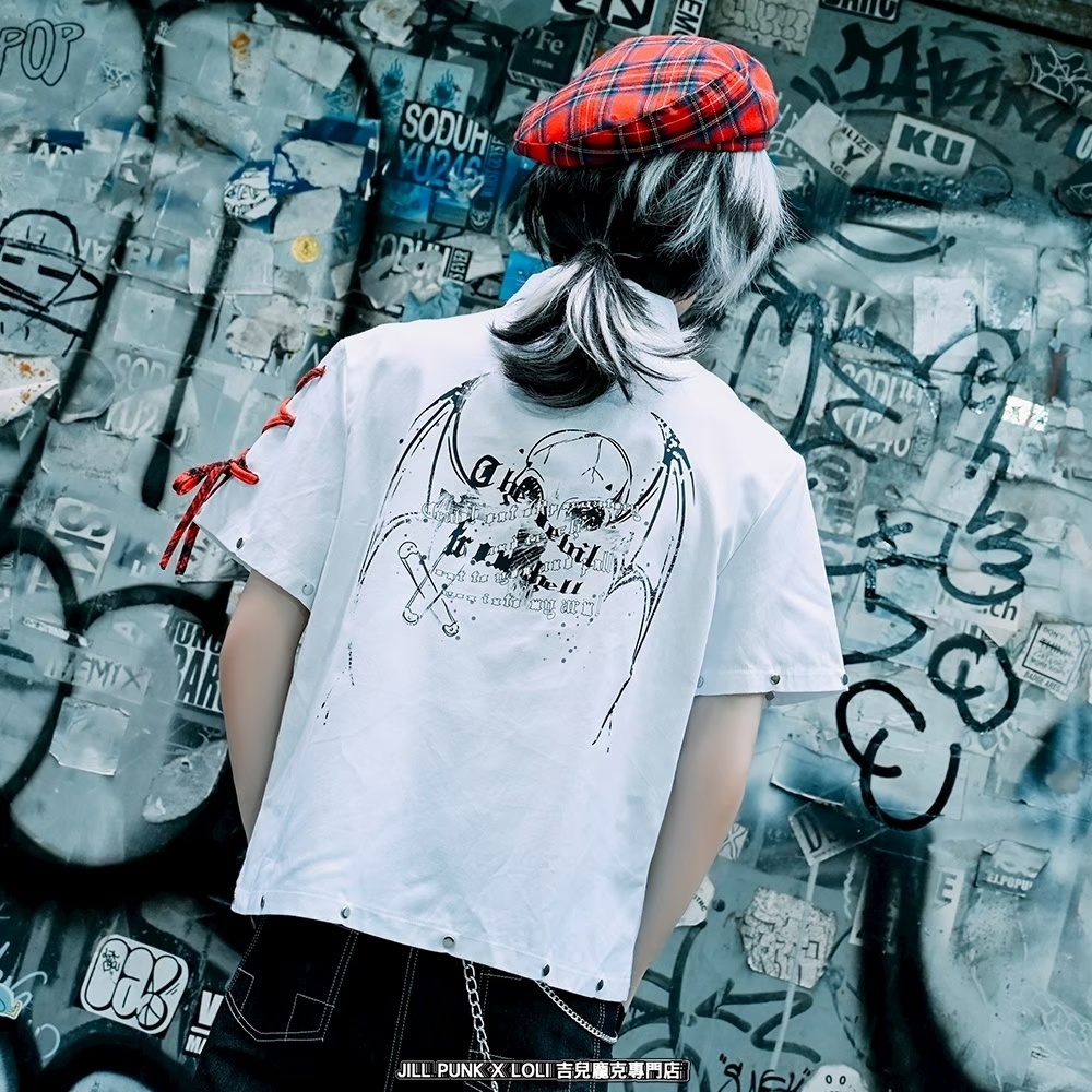 Jillpunk プレッピー V系 パンクロック 悪念の残響 レースアップ×スタッズ チェック柄ネクタイ付き 半袖カジュアルシャツ ジップアップジャケット オリジナルパンク 男女兼用 メンズ レディース カッコいい おしゃれ