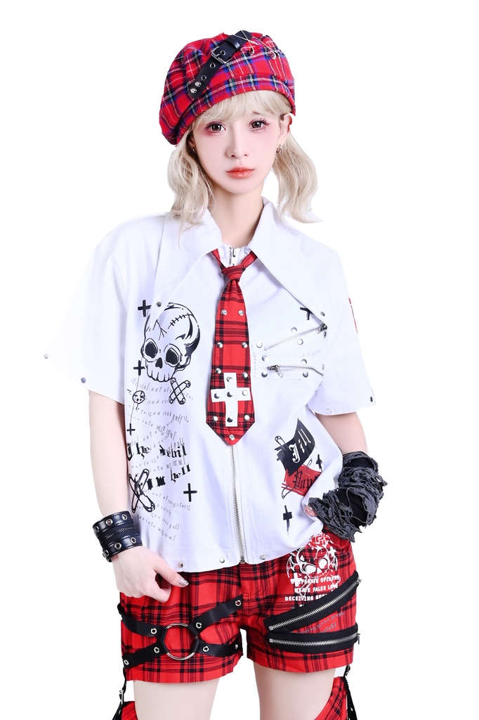 Jillpunk プレッピー V系 パンクロック 悪念の残響 レースアップ×スタッズ チェック柄ネクタイ付き 半袖カジュアルシャツ ジップアップジャケット オリジナルパンク 男女兼用 メンズ レディース カッコいい おしゃれ