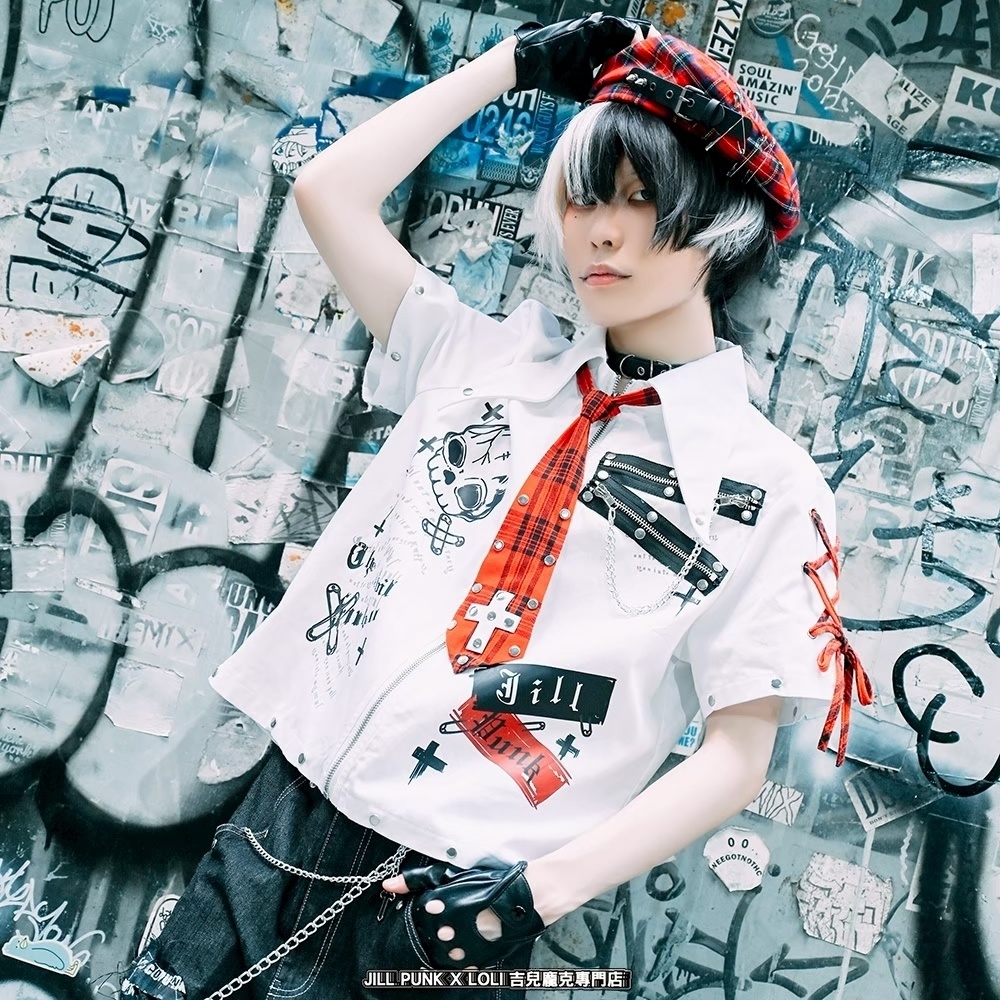 Jillpunk プレッピー V系 パンクロック 悪念の残響 レースアップ×スタッズ チェック柄ネクタイ付き 半袖カジュアルシャツ ジップアップジャケット オリジナルパンク 男女兼用 メンズ レディース カッコいい おしゃれ