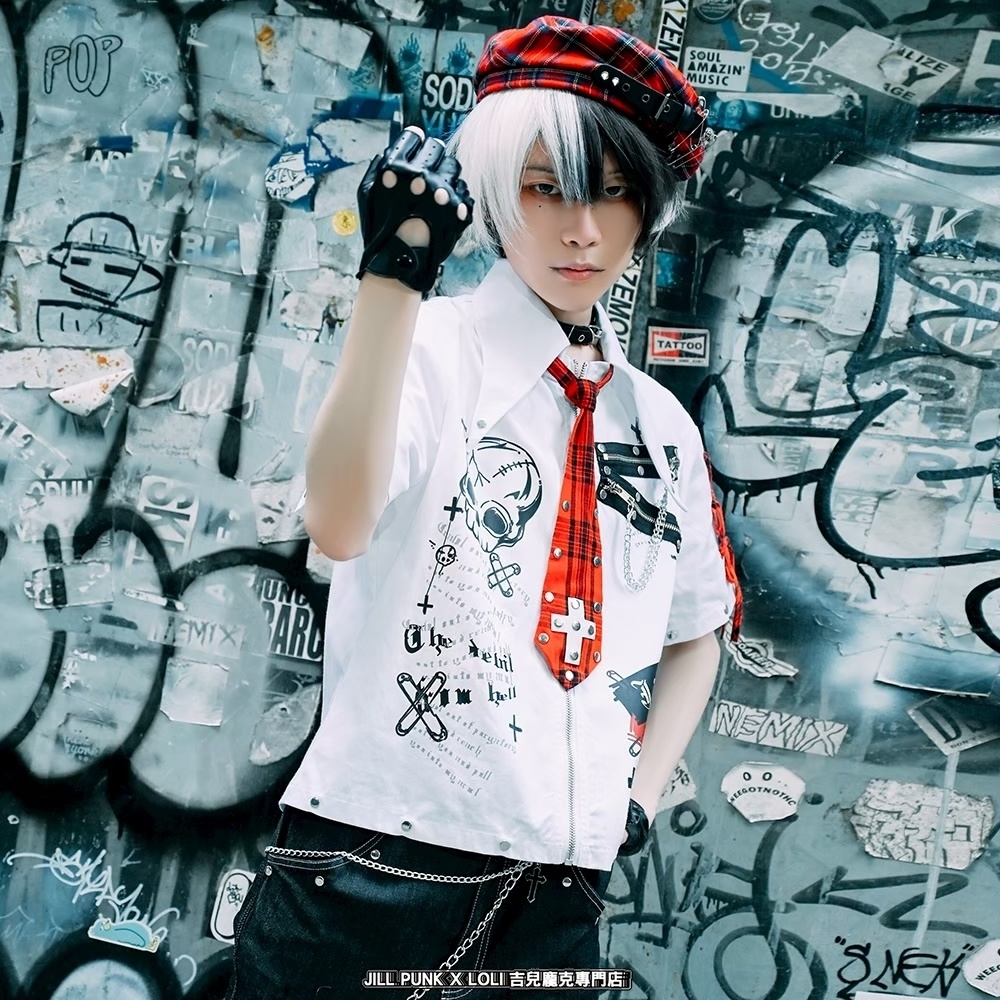 Jillpunk プレッピー V系 パンクロック 悪念の残響 レースアップ×スタッズ チェック柄ネクタイ付き 半袖カジュアルシャツ ジップアップジャケット オリジナルパンク 男女兼用 メンズ レディース カッコいい おしゃれ