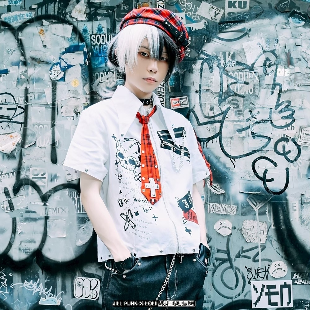 Jillpunk プレッピー V系 パンクロック 悪念の残響 レースアップ×スタッズ チェック柄ネクタイ付き 半袖カジュアルシャツ ジップアップジャケット オリジナルパンク 男女兼用 メンズ レディース カッコいい おしゃれ