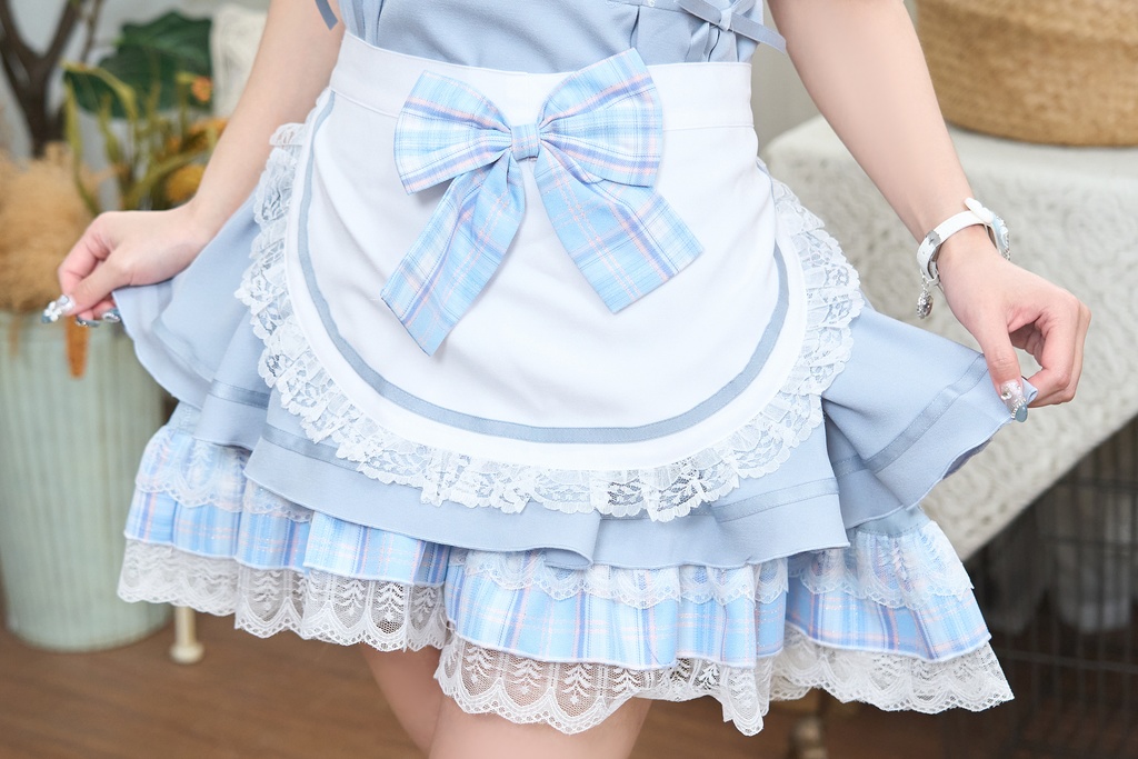 Jillpunk 量産型 ゆめかわ ロリータ 白うさぎカフェ チェック柄 リボン付き メイド服 うさ耳セーラーカラー 半袖ワンピースドレス エプロン2点セット オリジナル 姫系 可愛い おしゃれ ファッション萌え 秋葉原