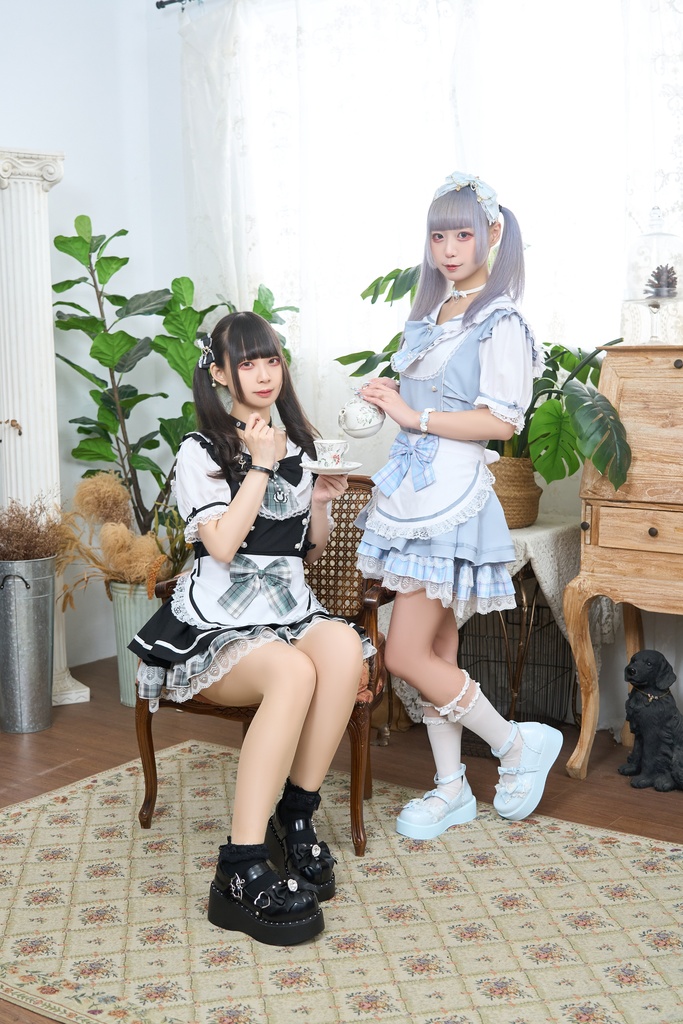 Jillpunk 量産型 ゆめかわ ロリータ 白うさぎカフェ チェック柄 リボン付き メイド服 うさ耳セーラーカラー 半袖ワンピースドレス エプロン2点セット オリジナル 姫系 可愛い おしゃれ ファッション萌え 秋葉原