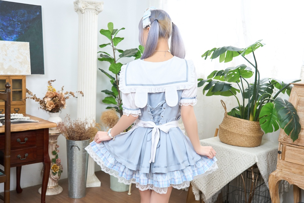 Jillpunk 量産型 ゆめかわ ロリータ 白うさぎカフェ チェック柄 リボン付き メイド服 うさ耳セーラーカラー 半袖ワンピースドレス エプロン2点セット オリジナル 姫系 可愛い おしゃれ ファッション萌え 秋葉原