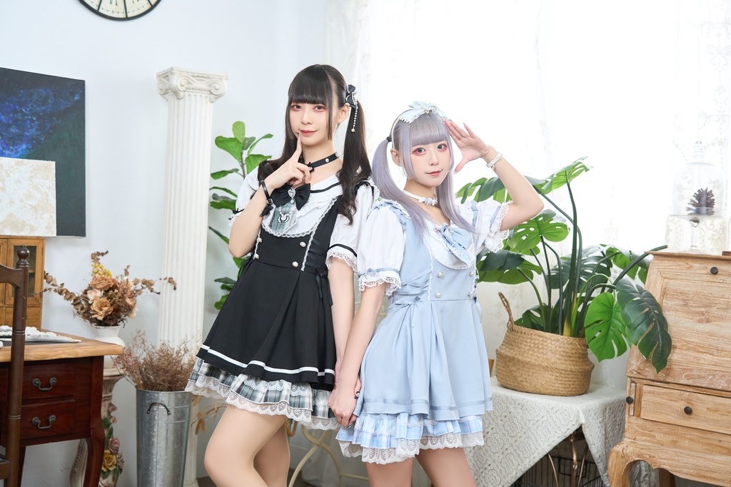 Jillpunk 量産型 ゆめかわ ロリータ 白うさぎカフェ チェック柄 リボン付き メイド服 うさ耳セーラーカラー 半袖ワンピースドレス エプロン2点セット オリジナル 姫系 可愛い おしゃれ ファッション萌え 秋葉原