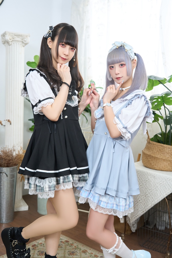 Jillpunk 量産型 ゆめかわ ロリータ 白うさぎカフェ チェック柄 リボン付き メイド服 うさ耳セーラーカラー 半袖ワンピースドレス エプロン2点セット オリジナル 姫系 可愛い おしゃれ ファッション萌え 秋葉原