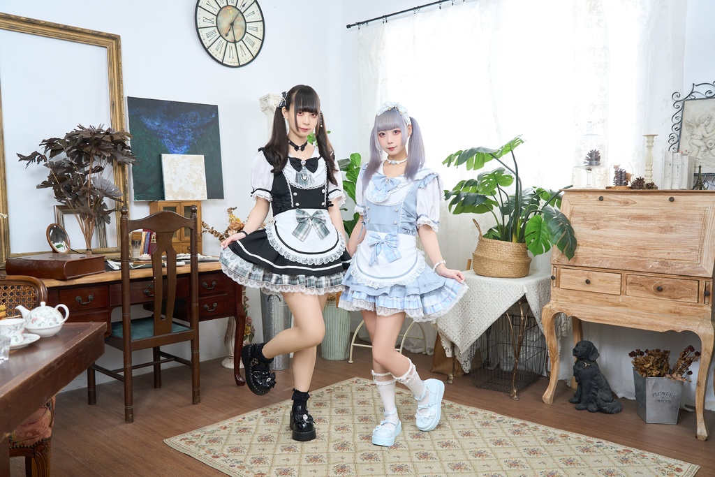 Jillpunk 量産型 ゆめかわ ロリータ 白うさぎカフェ チェック柄 リボン付き メイド服 うさ耳セーラーカラー 半袖ワンピースドレス エプロン2点セット オリジナル 姫系 可愛い おしゃれ ファッション萌え 秋葉原